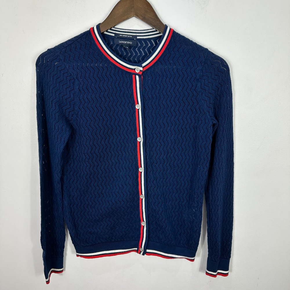 Lands End Button Up Cardigan Sweater Womens Small Blue‎ Tennis Prep Quiet Luxury
